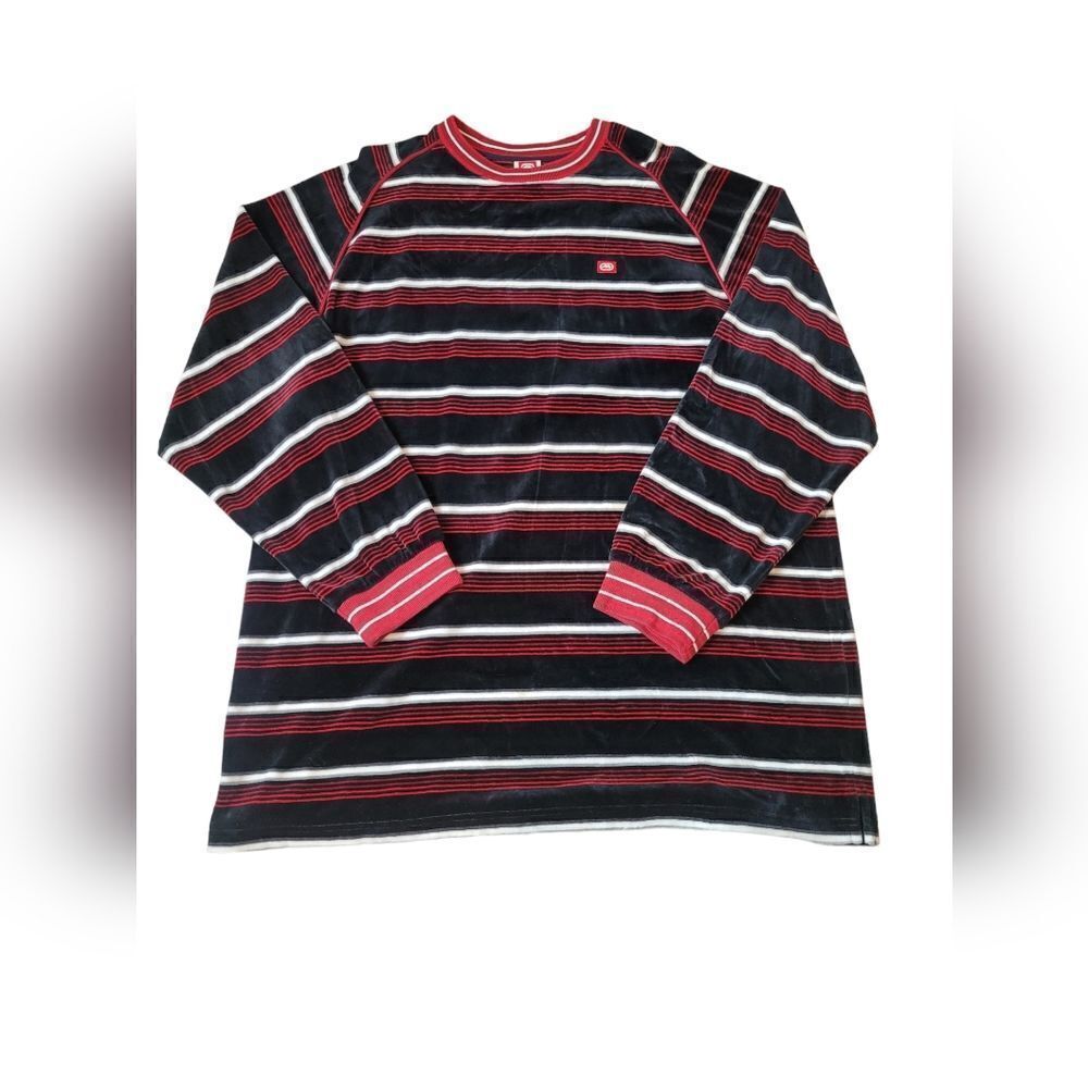 Rare Ecko Unltd Velour Striped Black & Red Long Sleeve Shirt Men's Size XXL